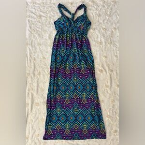 Vibrant Teal & Purple Geometric Maxi Dress